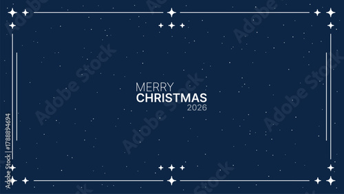 Merry Christmas 2026 text with frame and star decoration on a dark blue background with small white dots, for winter holiday greeting card.
