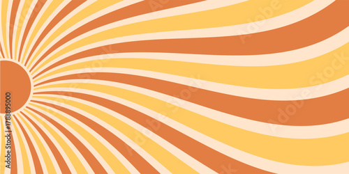 Groovy retro sun with wavy rays forms a burst of orange and yellow sunshine. Horizontal background brings a y2k graphic look and warm, bright summer energy, perfect for trendy decor or wallpaper