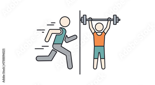 Split image showing a person running on one side and another person lifting weights on the other side