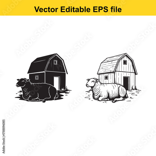 Two sheep resting near barns, one in silhouette and one in outline, vector illustration