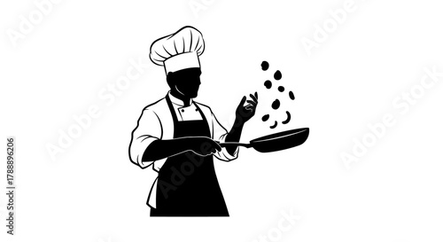 Silhouette of a chef in uniform, wearing a toque, tossing food in a frying pan while cooking