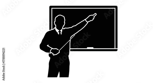 Silhouette of a teacher or presenter pointing at a blackboard with a stick