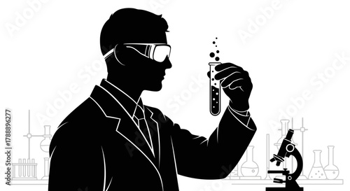 Silhouette of a scientist in a lab coat and goggles, examining a bubbling test tube, with laboratory equipment in the background