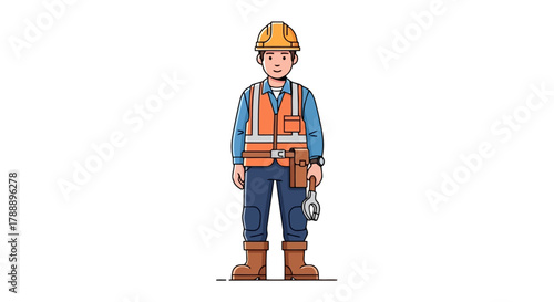 Construction worker wearing a hard hat and safety vest, holding a wrench