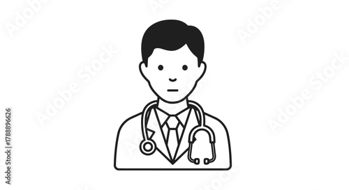 Doctor with stethoscope, black and white line art icon