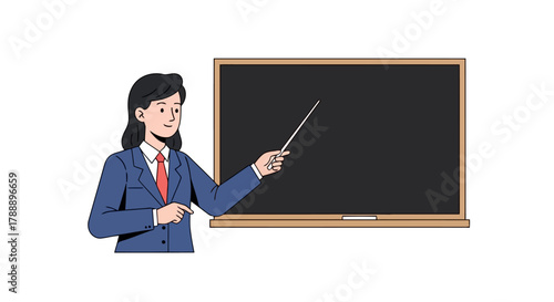 Female teacher in a suit pointing at a blackboard with a pointer stick