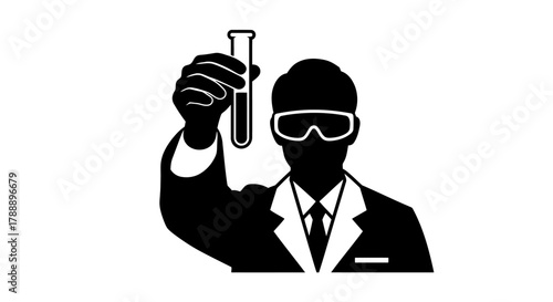 Silhouette of a scientist in a lab coat and goggles holding up a test tube filled with liquid, symbolizing research and discovery