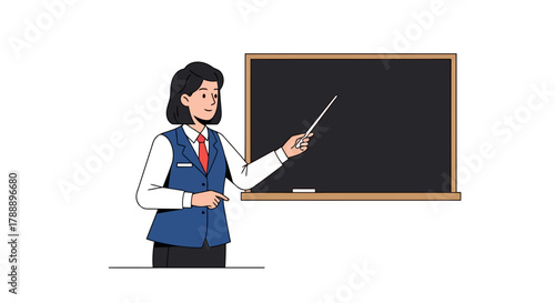 A female teacher in a blue vest and red tie stands in front of a blackboard, holding a pointer stick and gesturing towards the board