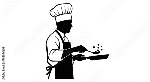 Silhouette of a chef in uniform and toque hat cooking with a frying pan and spoon, with bubbles rising, representing culinary arts and food preparation