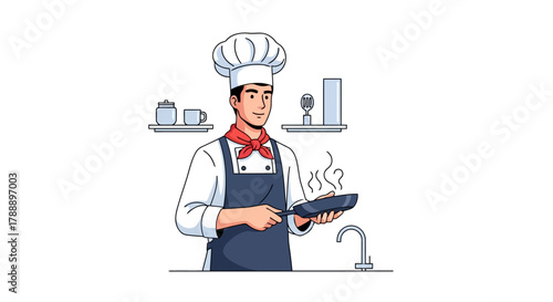 A male chef in a white uniform and blue apron is cooking in a pan, with kitchen shelves and a sink in the background