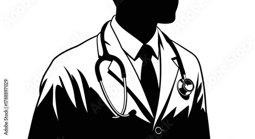 Closeup silhouette of a doctor wearing a white coat, tie, and stethoscope, symbolizing healthcare and medical profession