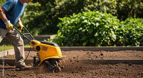 man using garden tiller in backyard garden on a sunny day for soil preparation and planting