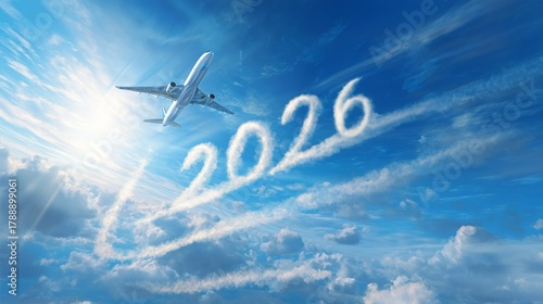 Airplane soaring through bright blue sky 2026 trails  white clouds clean composition copy space text overlay aviation aesthetic travel forward marketing airlines campaigns corporate announcements
