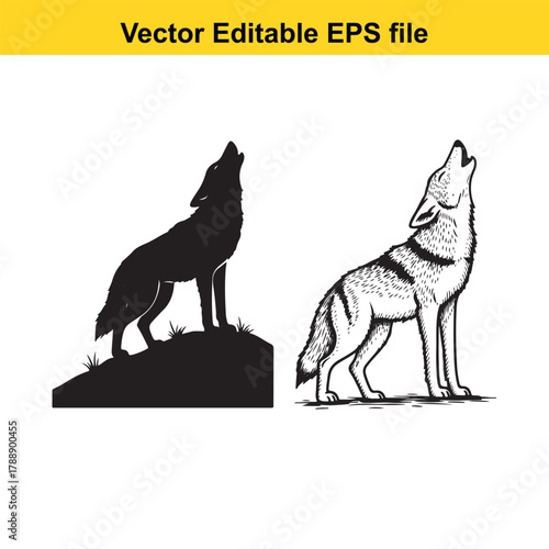 A wolf howling in silhouette and a detailed drawing