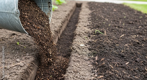 close-up of soil being poured from bucket into freshly dug garden furrow for planting