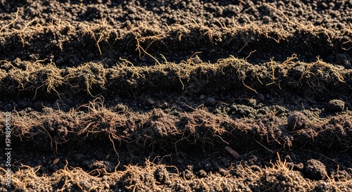 freshly tilled fertile soil with rows ready for planting in spring garden under sunlight