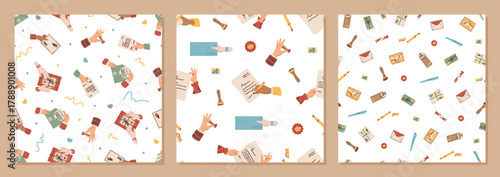 Flat seamless pattern mail set with letter, envelope, stamp, card, paper, handwritten note and pen. Seamless pattern mail arrangement in flat style for correspondence, stationery, creative