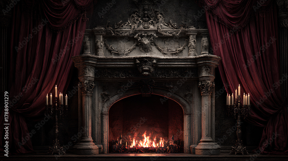 Fototapeta premium 石造りの暖炉とキャンドル