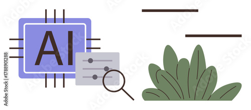 AI microchip with magnifying glass examining data over text and foliage accent. Ideal for innovation, technology, development, research, machine learning, digital solutions, simple flat metaphor
