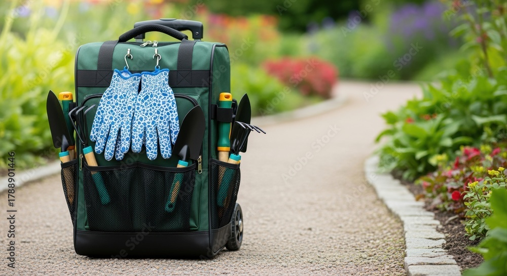Naklejka premium gardening tools backpack on garden path with vibrant flowers and colorful gloves