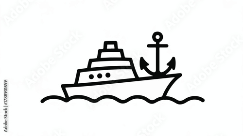 Simple line drawing of a cruise ship sailing on wavy water with an anchor nearby