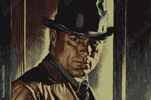 Dramatic portrait of a man in a dark coat and hat with moody lighting