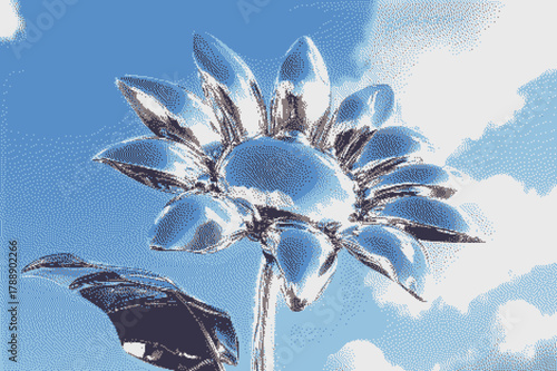 Shiny metallic sunflower against a blue sky with clouds