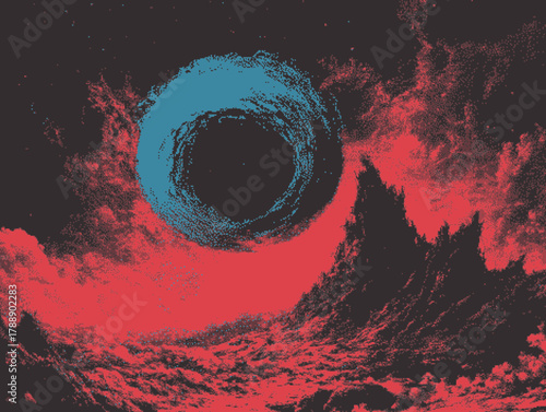 Surreal landscape with vibrant reds and blues creating an otherworldly atmosphere