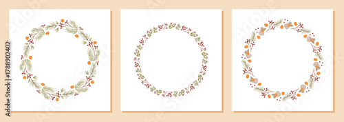 Flat xmas wreath with red berry and ornament in a circle composition. Pine branch and kraft box create a christmas gift accent. Modern holiday decor, festive border element, seasonal background.