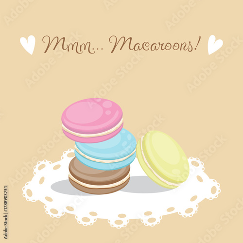 Delicious macarons on a white lace napkin, strawberry macarons, blue cheese, pistachios, hearts, text Macarons