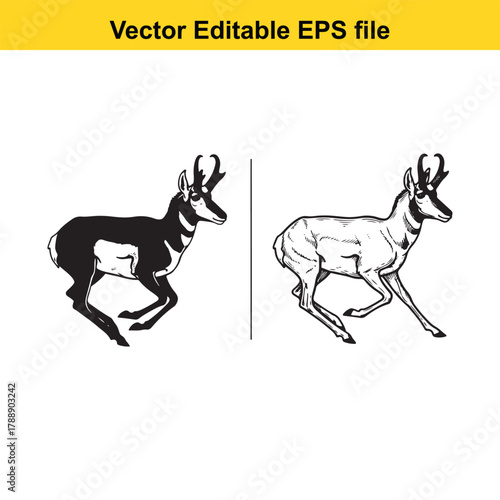Two pronghorn antelope running, one black silhouette and one detailed outline
