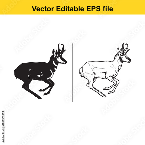Two pronghorn antelope running, one black silhouette and one detailed outline