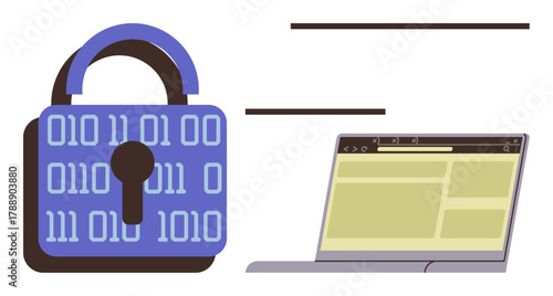 Padlock with binary code next to a laptop displaying a browser window. Ideal for cybersecurity, data encryption, online privacy, computer security systems, digital safety, secure communication