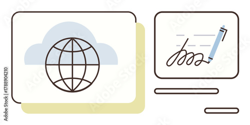 Globe in cloud symbolizing cloud connectivity and data sharing, screen with pen and signature for digital agreement. Ideal for communication, remote work, security, e-signature, data storage