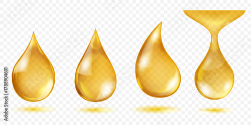 Set of drops of yellow water, with detailed highlights and gradients for a 3D effect, set against a transparent background with subtle shadow reflections below. Transparency only in vector format.