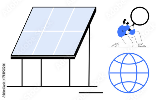 Solar panel on a stand, person analyzing with magnifying glass, and globe highlighting energy research. Ideal for sustainability, science, renewable energy, technology, global research, innovation