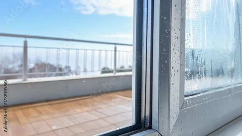 外の寒さと室内の温度差で窓のアルミサッシに水の結露が生まれる冬の朝
