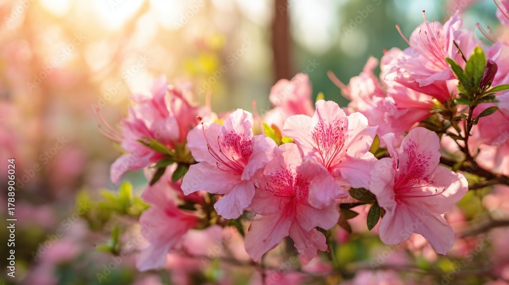 Fototapeta premium Delicate pink azaleas brighten the garden soaking up warm sunlight on a calm spring day.