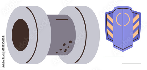 Worn-out brake pad showing damage and wear beside a shield emblem symbolizing protection. Ideal for automotive safety, maintenance, vehicle care awareness, road safety, mechanical repair