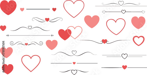 Collection of various heart shapes and decorative line dividers for design elements.