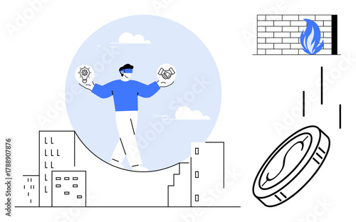 Person balancing with light bulb and handshake icons, surrounded by cityscape, firewall, and falling coin. Ideal for risk management, innovation, partnerships, decision-making, urban planning
