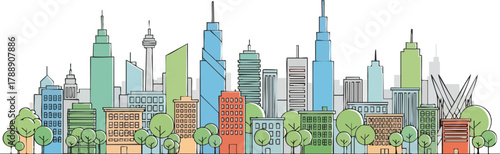 Colorful Hand Drawn Cityscape with Diverse Skyscrapers and Green Trees.