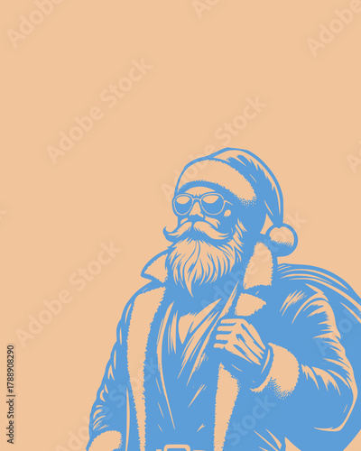 Stylish blue Santa Claus illustration in vintage retro style on beige background. Cool modern Santa wearing sunglasses and carrying a sack of gifts. 3D Rendering, 3D Illustration