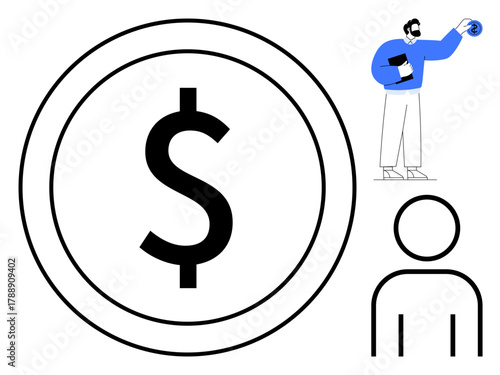 Dollar coin emphasizes money. Human icon symbolizes individuals. Person with chart suggests analysis and insight into finances. Ideal for finance, economy, wealth, analysis, investment, business