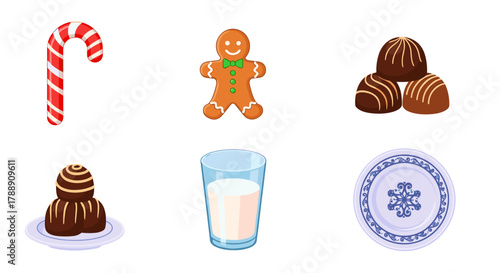 Christmas treats candy cane, gingerbread man, chocolates, and milk