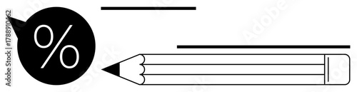 Black pencil with eraser on the right, large percentage in speech bubble on the left, and horizontal lines. Ideal for education, writing, planning, percentages, simplicity, analysis simple flat