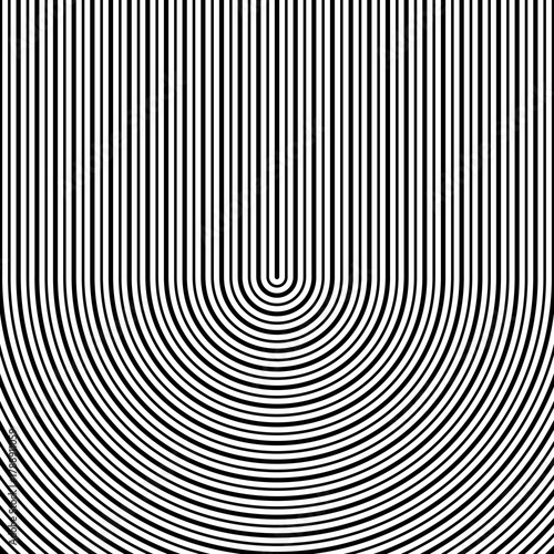 Black circular lines on white background. Striped wallpaper. Surface pattern design with symmetrical linear ornament. Stripes motif. Digital paper with curves for page fills, designing, textile print.