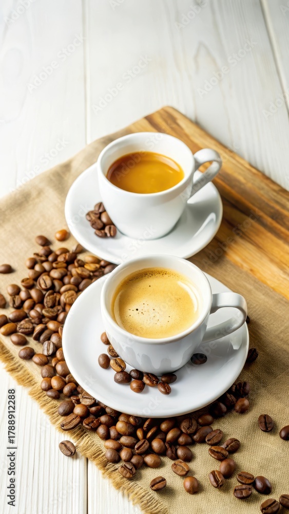 Obraz premium Dark wooden table with two cups of espresso and coffee beans arranged around it