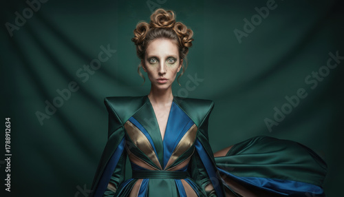 Model in green, blue and gold satin gown. Direct gaze. Unique, domineering facial expression and direct gaze. Smattering of freckles. Studio portrait with emerald green cloth background.