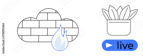 Cloud firewall with flame for protection, potted plant for growth, and live button for engagement. Ideal for cybersecurity, growth, live streaming, firewalls, safety, connectivity digital